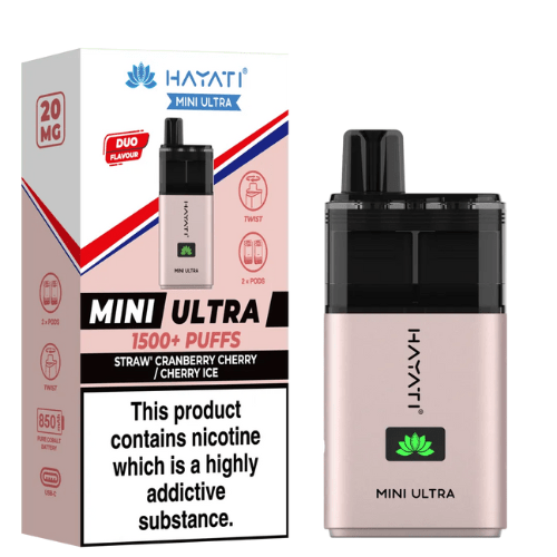 Hayati Mini Ultra 1500 Disposable Vape Device 20MG Box of 5 , Straw Cranberry Cherry , Cherry Ice