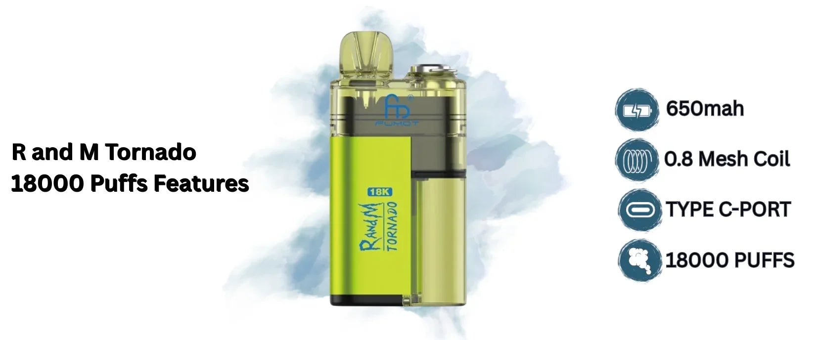 R and M Tornado 18000 puffs box of 5 features