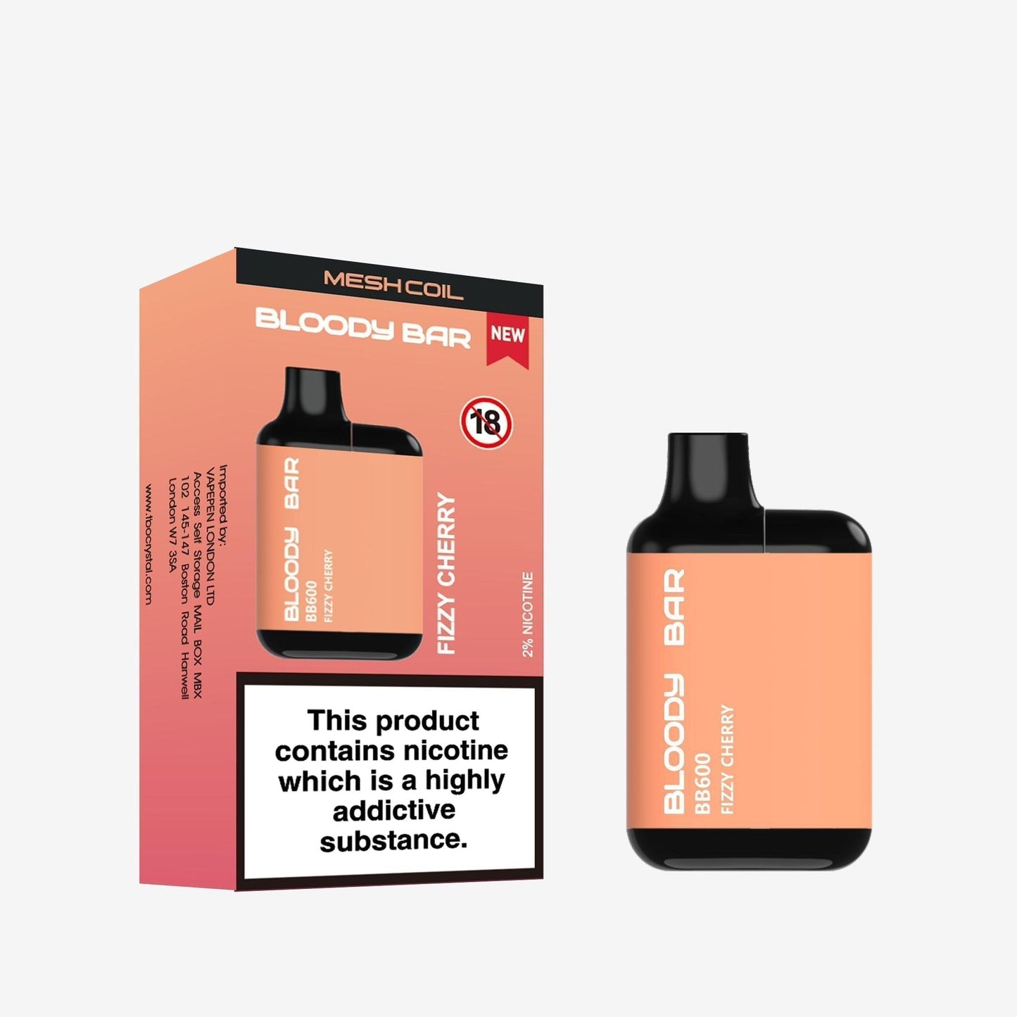 Bloody Bar BB600 Prefilled Pod Vape Kit Pack of 10, Fizzy Cherry Flavour