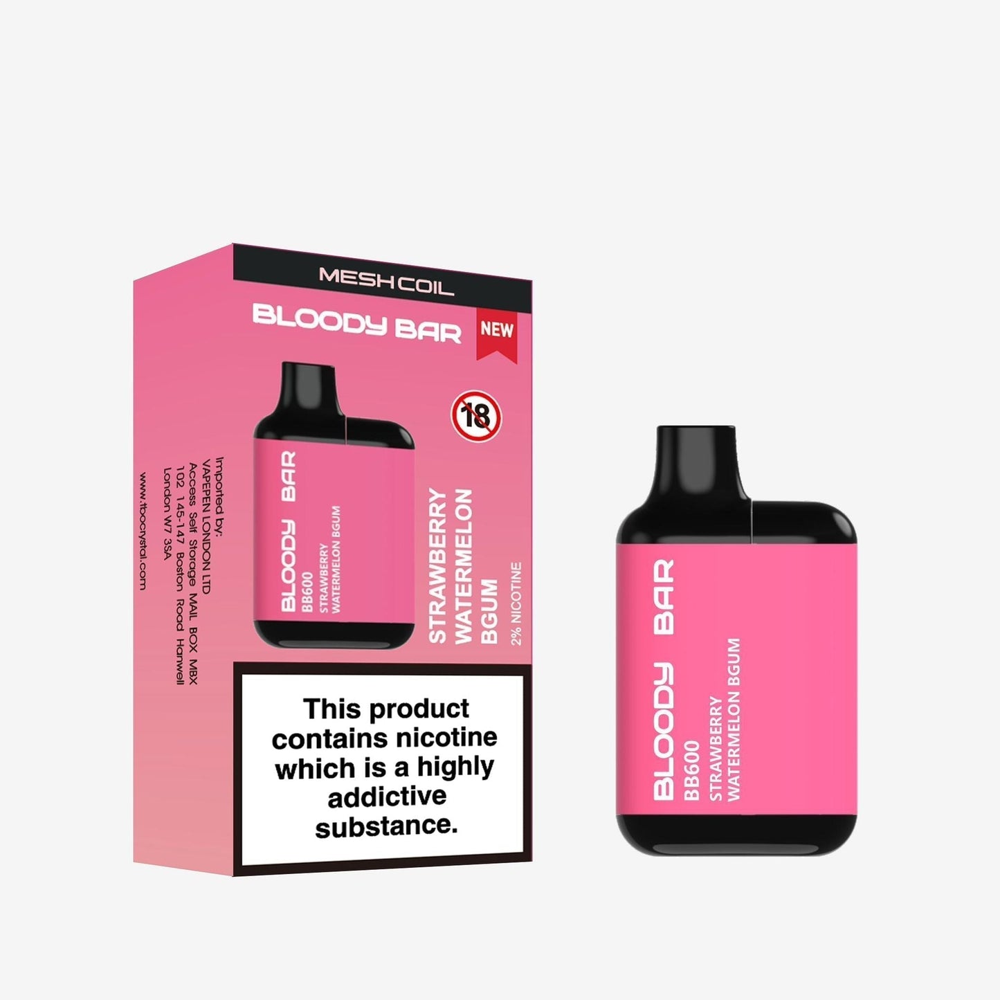 Bloody Bar BB600 Prefilled Pod Vape Pack of 10, Strawberry Watermelon BGum Flavour