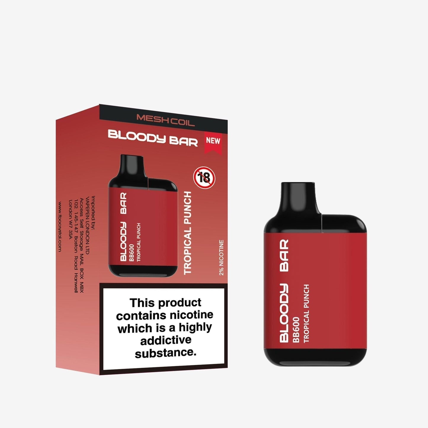 Bloody Bar BB600 Prefilled Pod Vape Kit Pack of 10, Tropical Punch Flavour