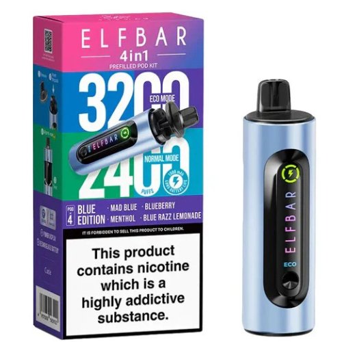Elf Bar 4 in 1 prefilled pod kit 3200 Puffs Box of 5 , Blue Edition