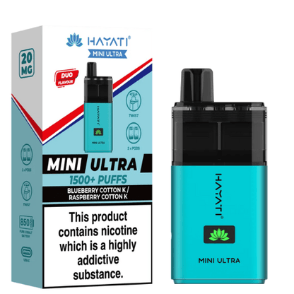 Hayati Mini Ultra 1500 Disposable Vape Device  20MG Box of 5 ,  Blueberry Cotton  K , Raspberry Cotton K