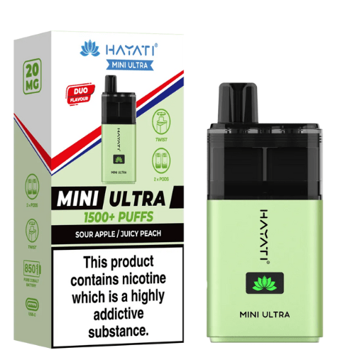 Hayati Mini Ultra 1500 Disposable Vape Device  20MG Box of 5 ,  Sour Apple , Juicy Peach