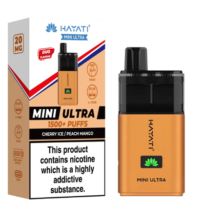 Hayati Mini Ultra 1500 Disposable Vape Device  20MG Box of 5 ,  Cherry Ice , Peach Mango
