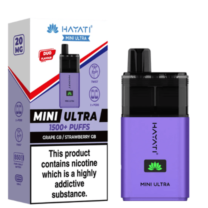 Hayati Mini Ultra 1500 Disposable Vape Device  20MG Box of 5 ,  Grape GB, Strawberry  GB