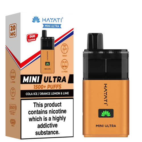 Hayati Mini Ultra 1500 Disposable Vape Device  20MG Box of 5 ,  Cola Ice , Orange Lemon & Lime