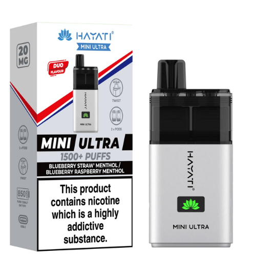 Hayati Mini Ultra 1500 Disposable Vape Device  20MG Box of 5 ,  Blueberry Straw Menthol, Blueberry Raspberry Menthol