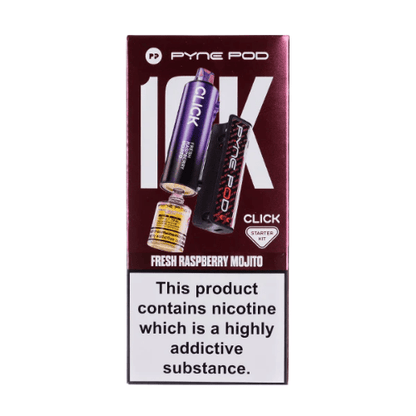 Pyne Pod Click 10000 Puffs Vape Device  20Mg Box Of 5 , Fresh Raspberry Mojito