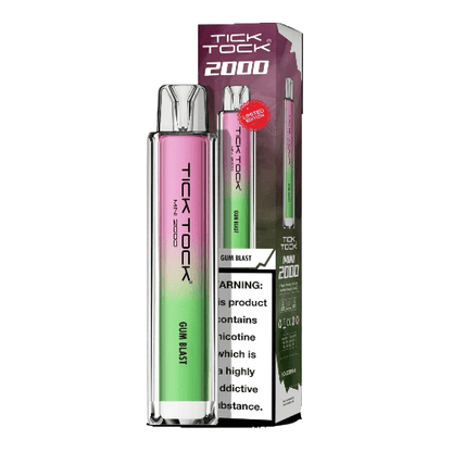 Tick Tock Mini 2000 Puffs Disposable Vape Device 20MG Box of 10,  Gum Blast
